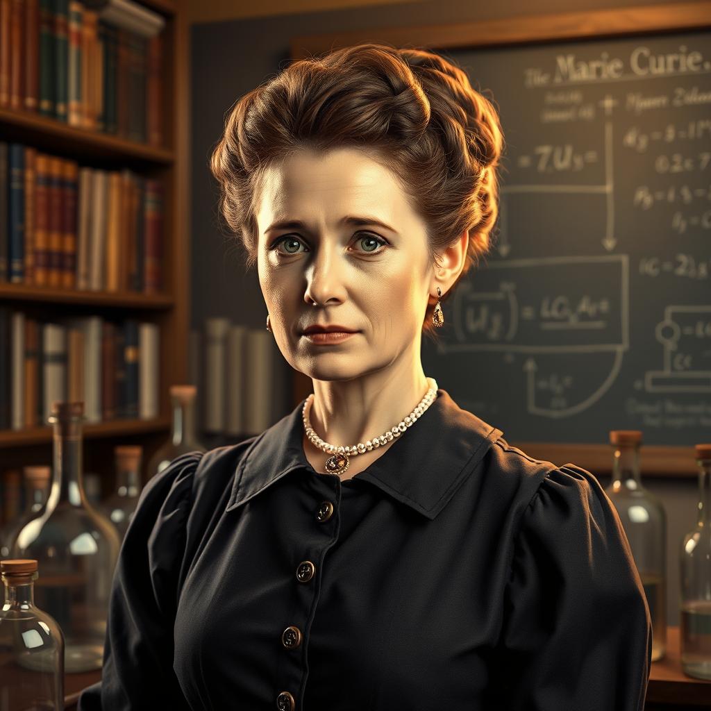 A detailed portrait of Marie Curie, showcasing her as a pioneering scientist in the early 20th century