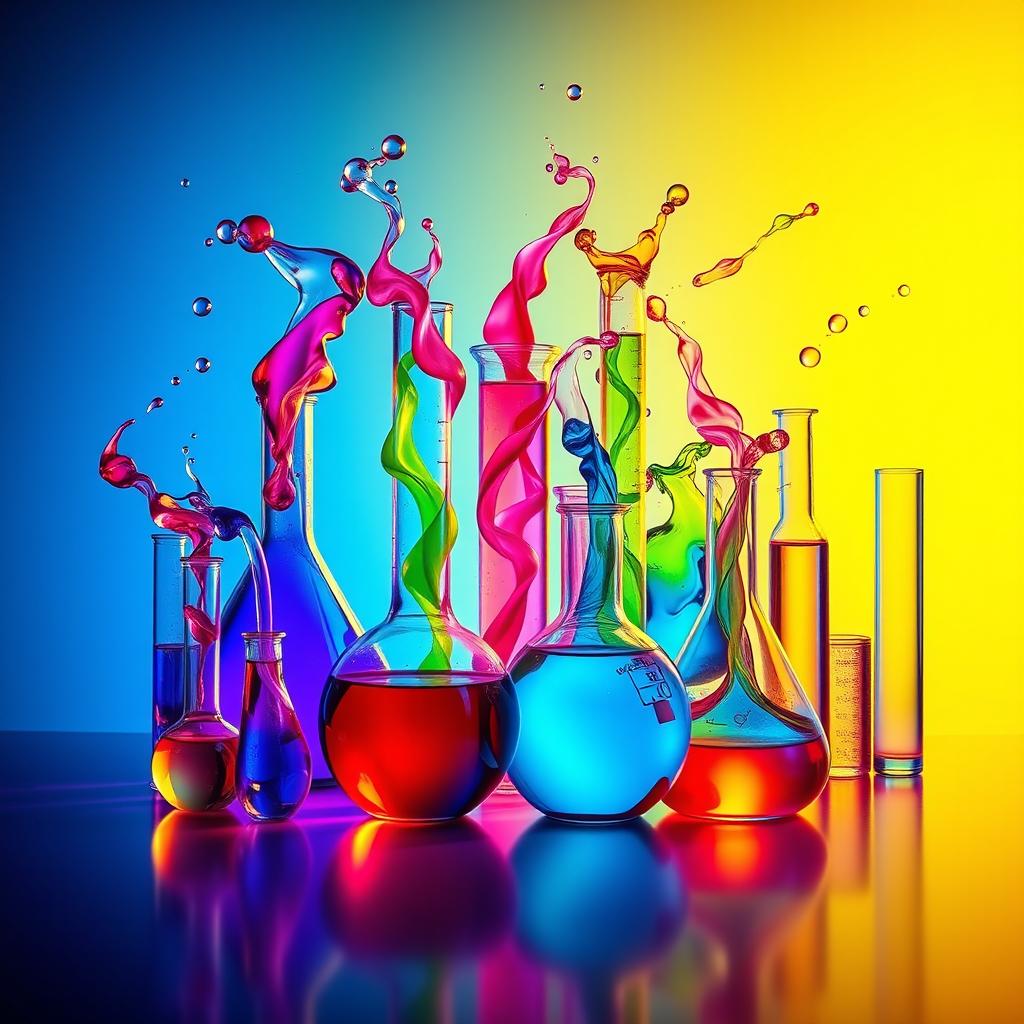 An abstract representation of laboratory glassware, featuring a variety of beakers, flasks, and test tubes in vibrant colors