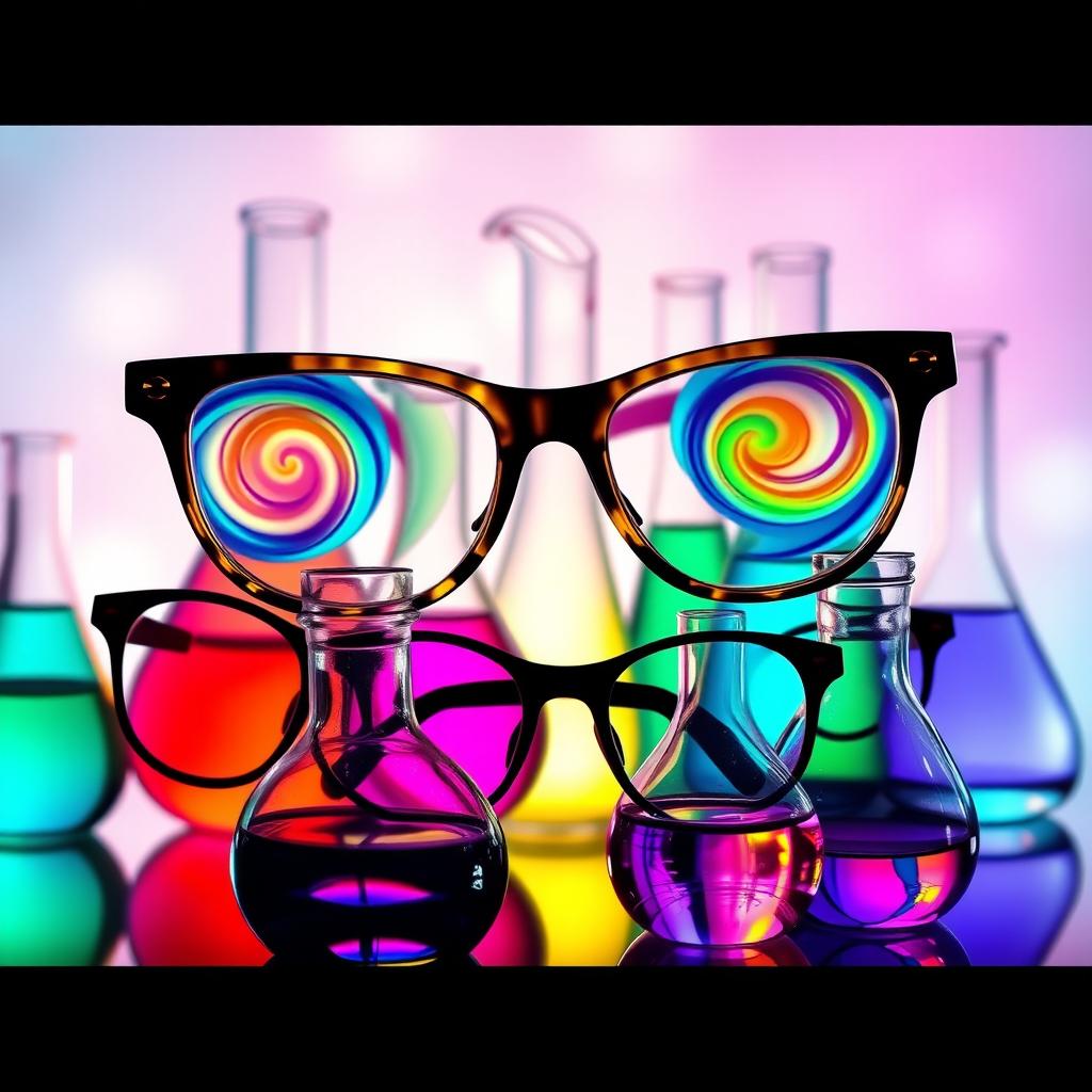 An abstract representation of laboratory glasses, featuring a variety of eyeglasses, beakers, and flasks arranged in an artistic and imaginative composition