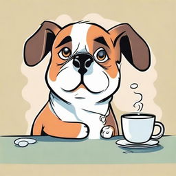 Illustrate a slightly grumpy cartoon dog waking up in the morning holding a coffee cup protectively. Make sure to infuse the scene with vibrant colours and lighthearted humour to emphasize the dog's strong attachment to its morning brew and early morning grumpiness.