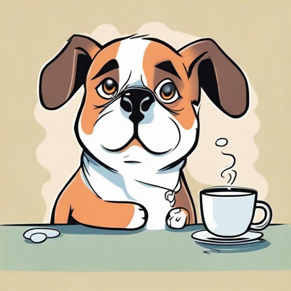 Illustrate a slightly grumpy cartoon dog waking up in the morning holding a coffee cup protectively. Make sure to infuse the scene with vibrant colours and lighthearted humour to emphasize the dog's strong attachment to its morning brew and early morning grumpiness.