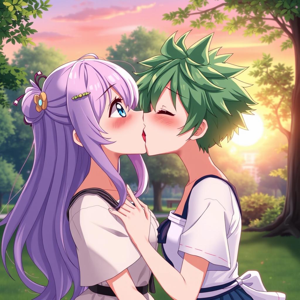 Two beautiful 18-year-old anime girls passionately French kissing, their tongues playfully intertwined