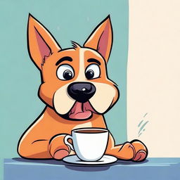 Illustrate a slightly grumpy cartoon dog waking up in the morning holding a coffee cup protectively. Make sure to infuse the scene with vibrant colours and lighthearted humour to emphasize the dog's strong attachment to its morning brew and early morning grumpiness.