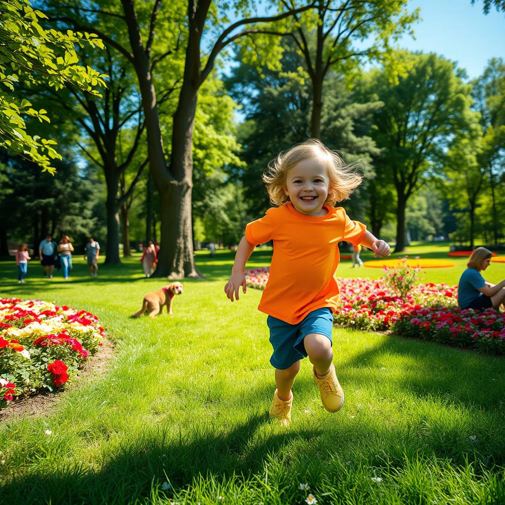 A joyful scene of a child running freely in a vibrant park filled with lush green grass, colorful flowers, and tall trees under a bright blue sky
