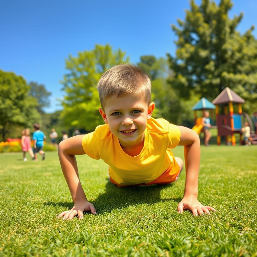 A young boy doing push-ups in a sunny park, focused on his health and fitness