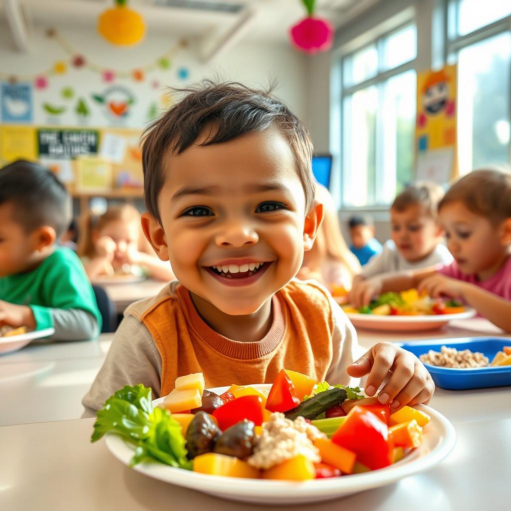 A joyful scene in a school cafeteria where a young child is happily eating a healthy meal