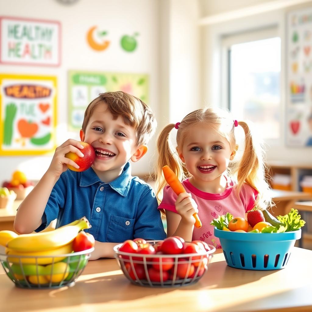 A vibrant and cheerful scene set in a bright school classroom where a boy and a girl are happily eating healthy fruits and vegetables