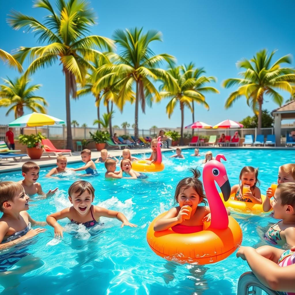 A lively and fun scene of children enjoying a sunny day at a swimming pool