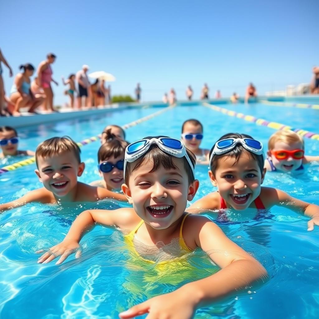 A vibrant scene of children swimming joyfully in a professional swimming pool, showcasing clear, sparkling blue water