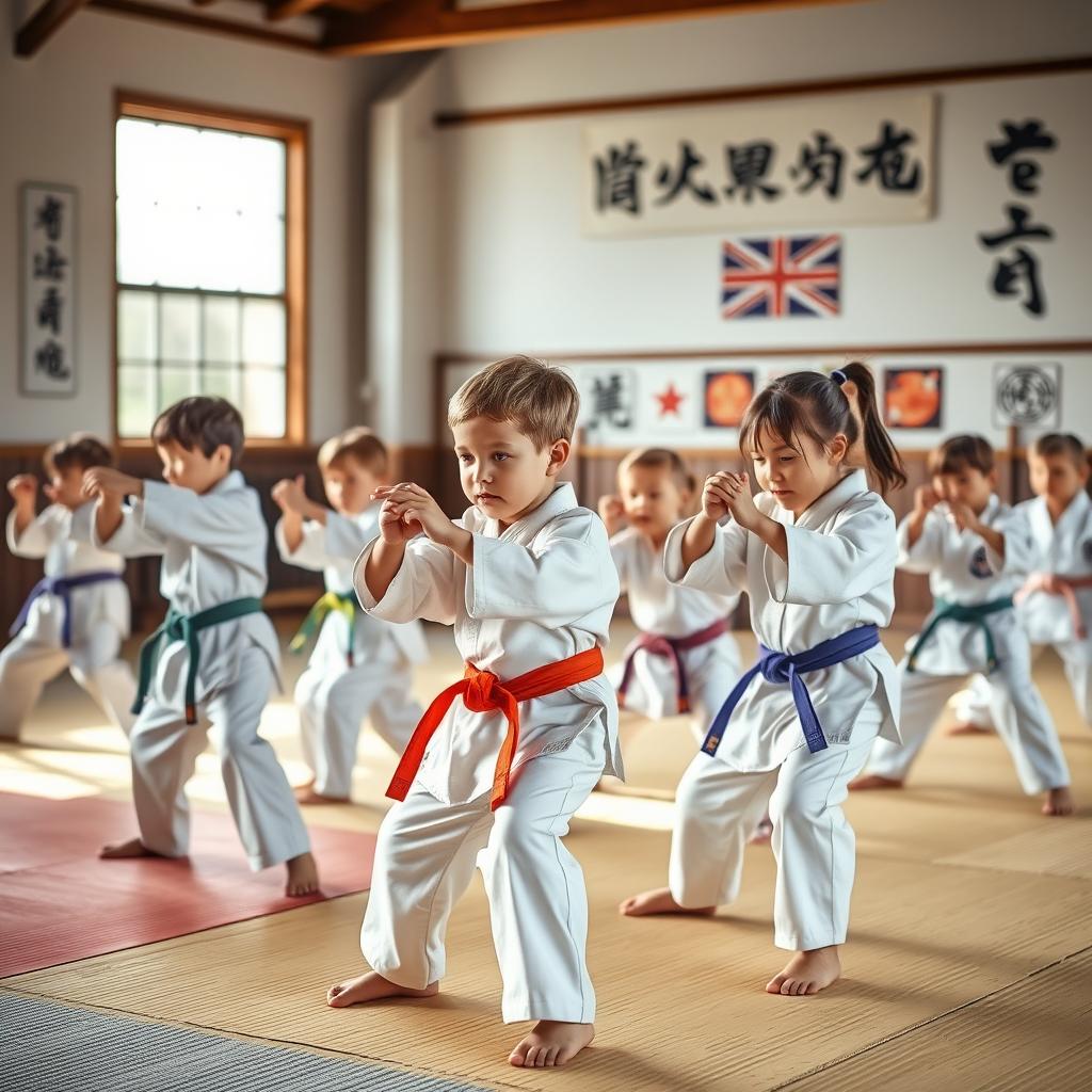 A vibrant scene depicting children practicing karate in a professional setting