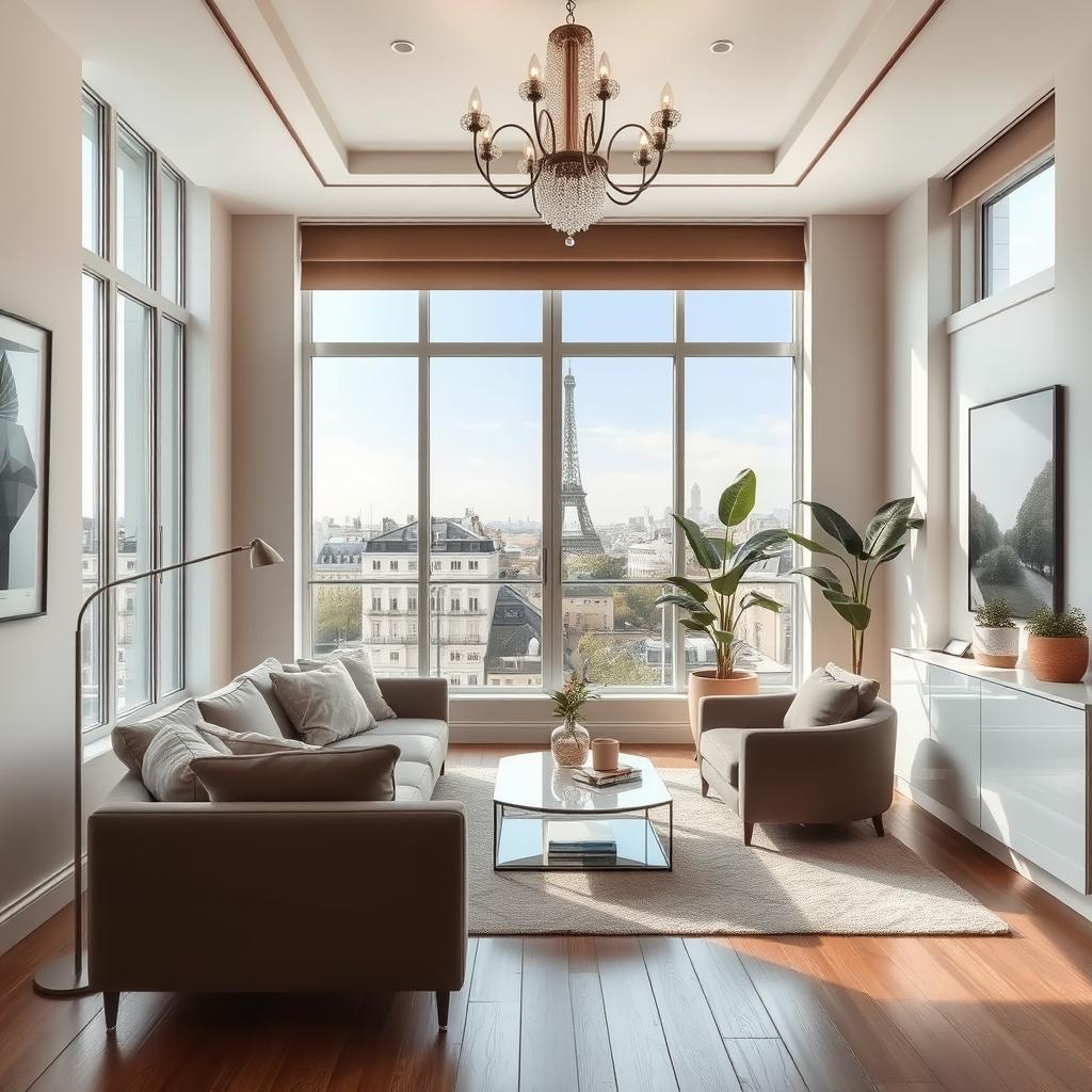 A realistic interior of a modern Parisian room featuring elegant design elements