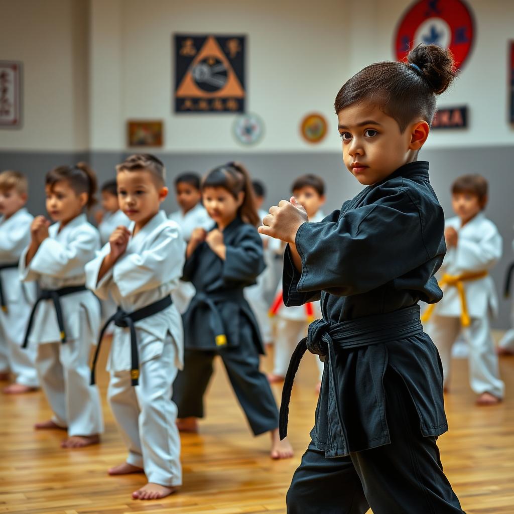 A professional karate class featuring children practicing karate