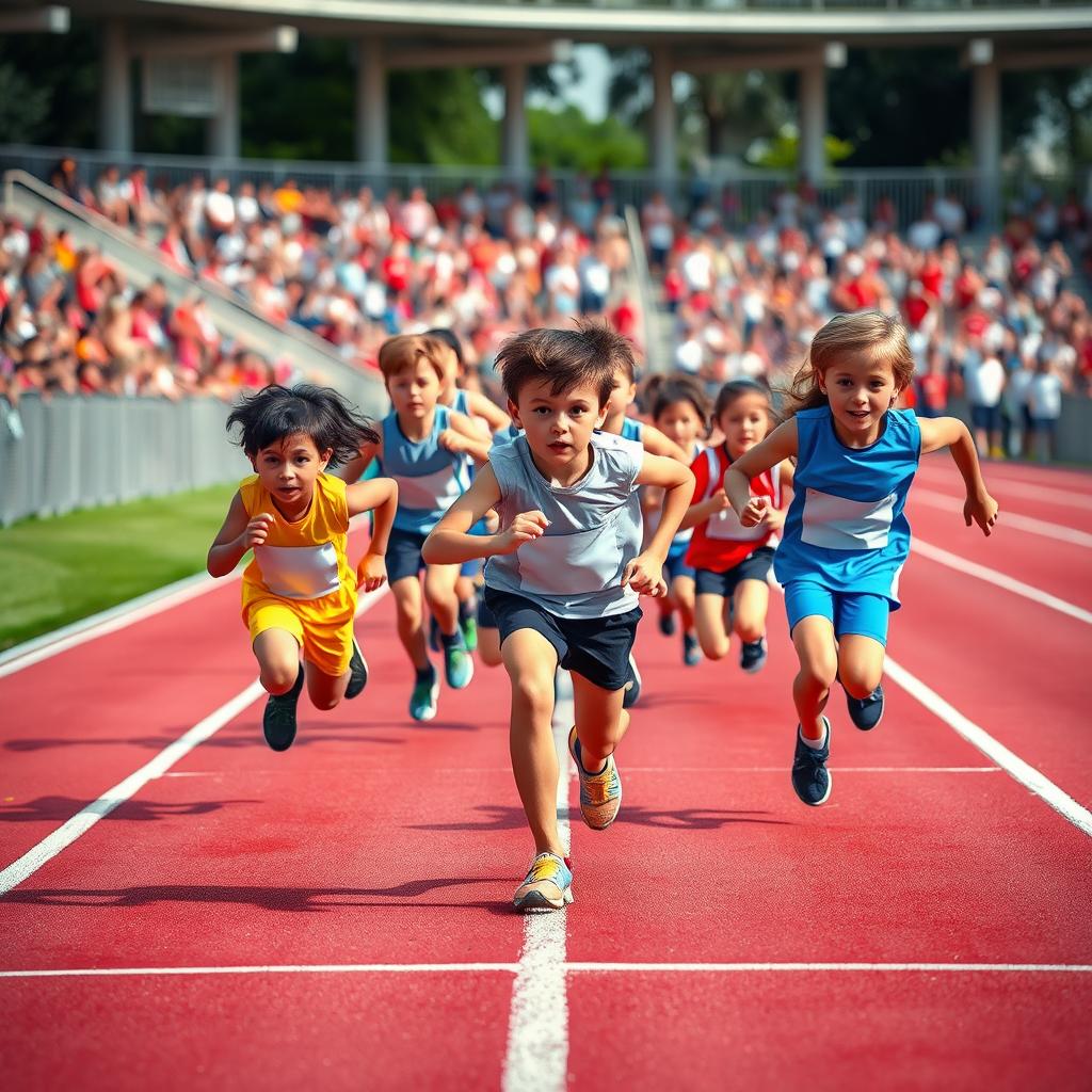 A dynamic and vibrant scene depicting a professional 100-meter dash race featuring boys and girls aged 6 to 8 years old