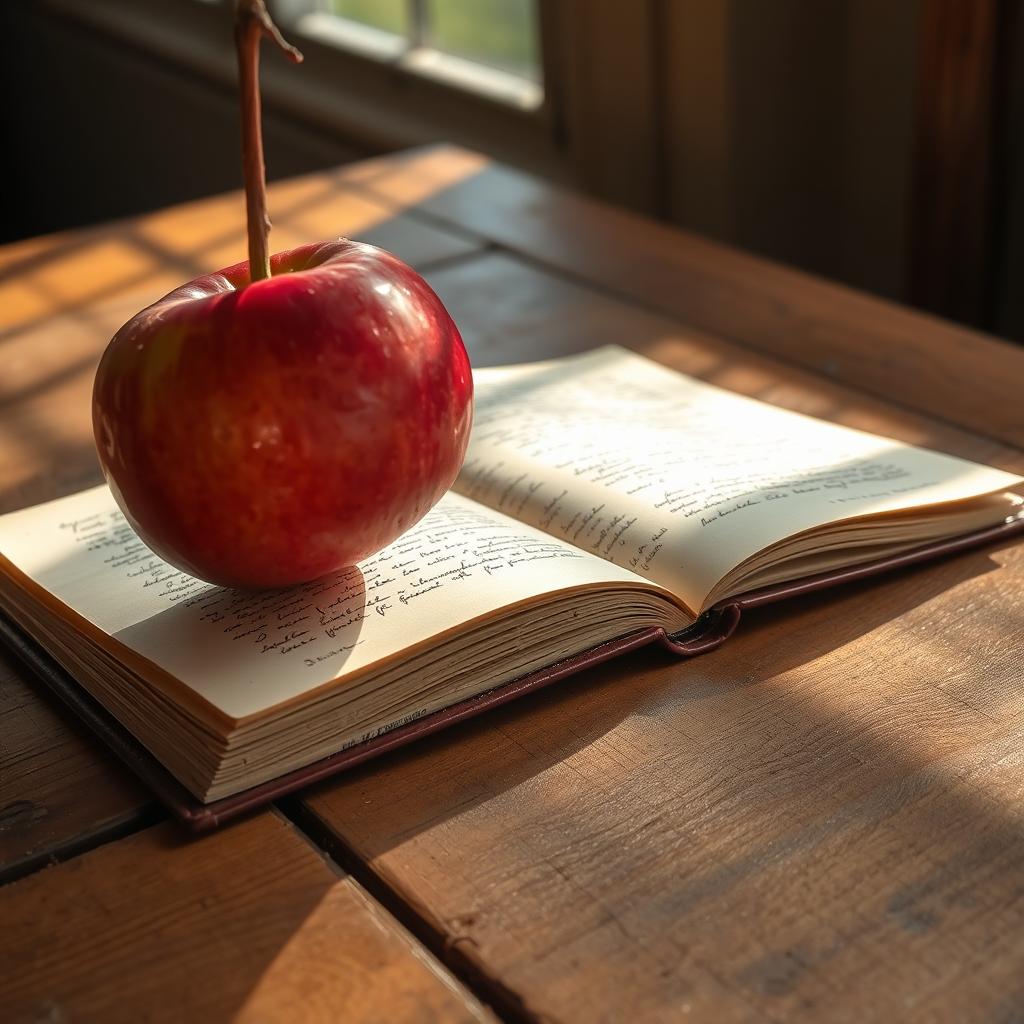 A freshly picked apple falling towards an open book lying on a wooden table