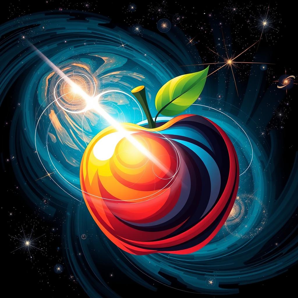 An abstract representation of Isaac Newton's discovery of gravity, featuring a stylized apple as the central element