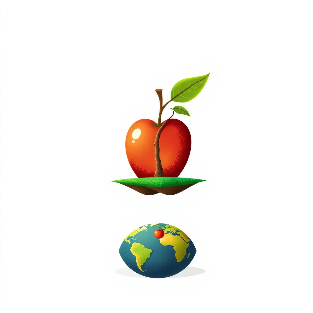 An abstract representation of Isaac Newton's theory featuring a symbolic apple, a tree, and fundamental elements of physics such as gravity and motion