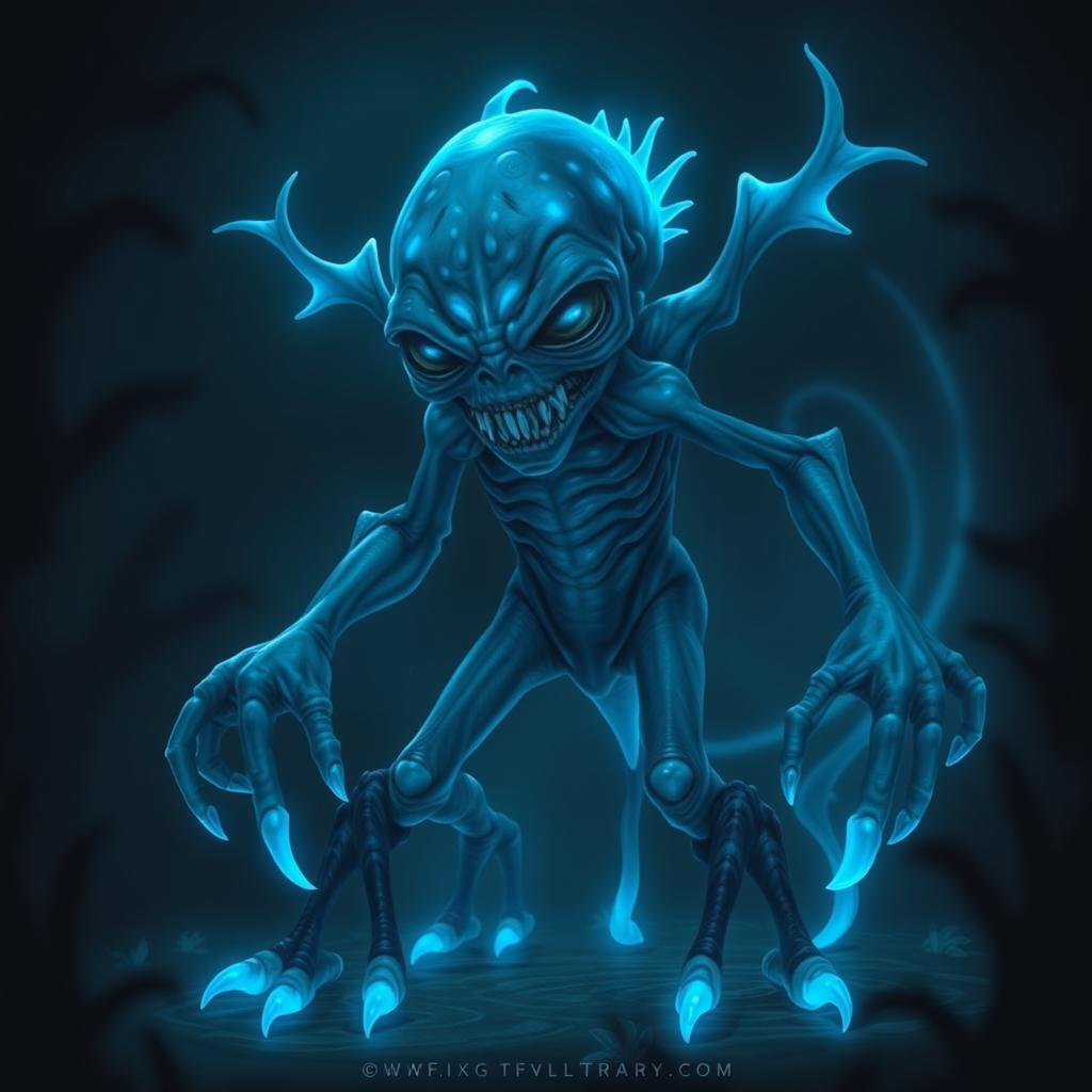 A creepy humanoid sea creature with blue glowing skin, webbed feet, and fins that create an otherworldly appearance