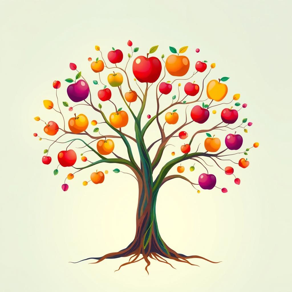 An abstract representation of the theory of an apple tree, showcasing vibrant colors and imaginative shapes symbolizing growth and knowledge