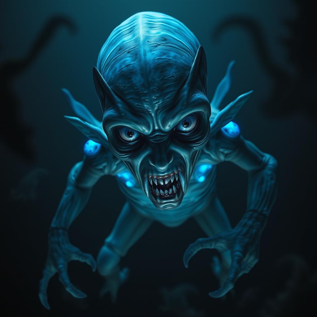 A creepy humanoid sea creature with blue glowing skin, featuring human-like facial characteristics but enhanced with unsettling features that suggest its aquatic nature
