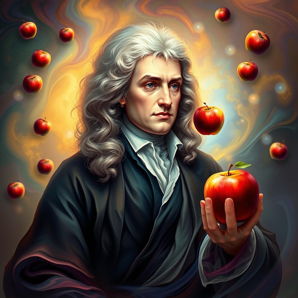 An abstract representation of Sir Isaac Newton surrounded by swirling colors that symbolize the laws of motion and gravity