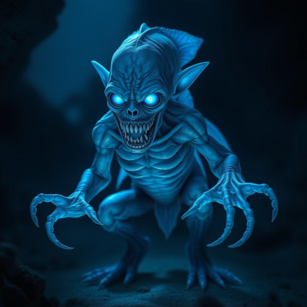 A creepy humanoid sea creature with blue glowing skin, combining human-like features with unsettling aquatic characteristics