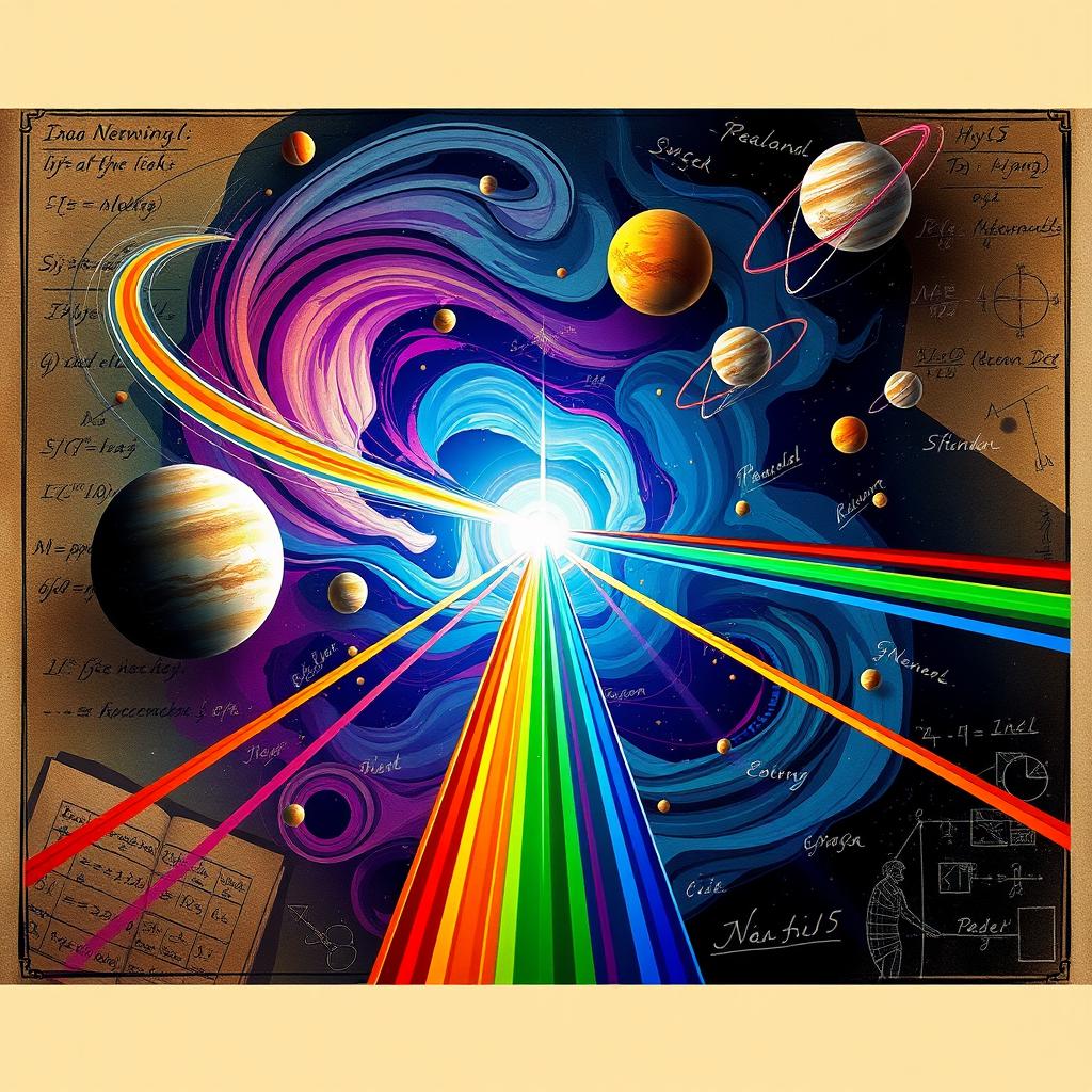 An abstract representation of Isaac Newton's theories, showcasing elements of gravity, motion, and light