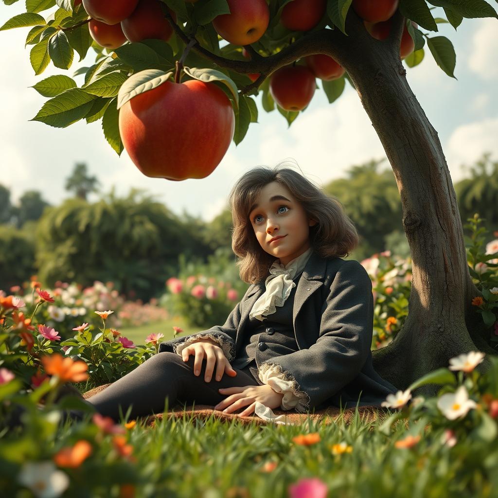 A whimsical and imaginative scene depicting Isaac Newton sitting under an apple tree with a large, ripe apple about to fall