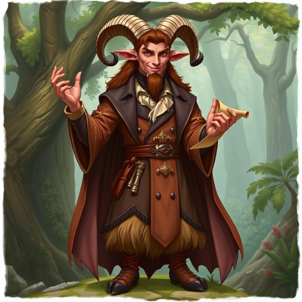 A Dungeons and Dragons style illustration of a satyr diplomat, showcasing a blend of charm and sophistication