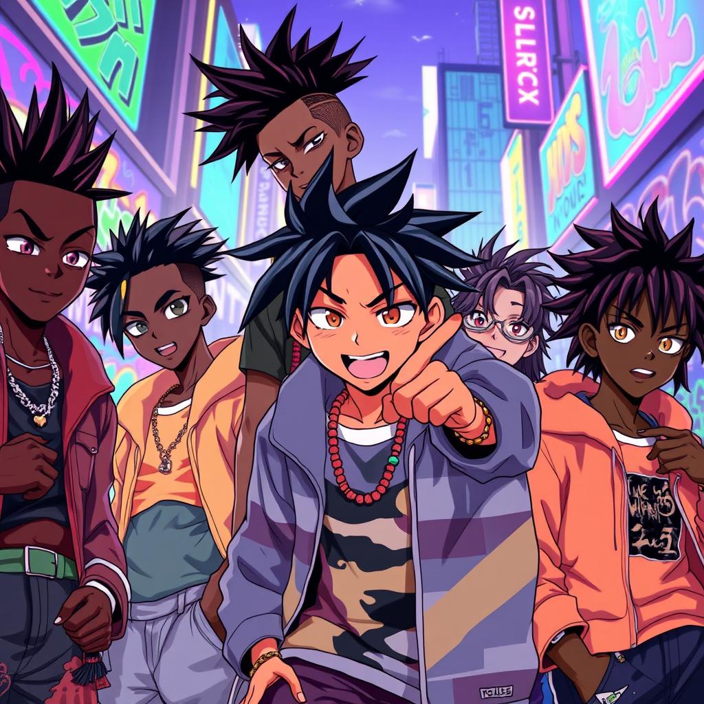 A dynamic scene featuring a group of stylish Black anime boys, each with unique hairstyles and fashion choices