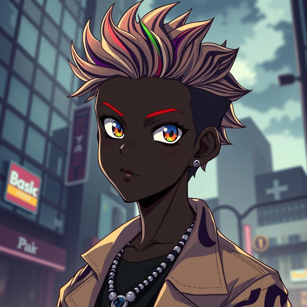 A striking portrait of a stylish black anime boy with vibrant, expressive eyes