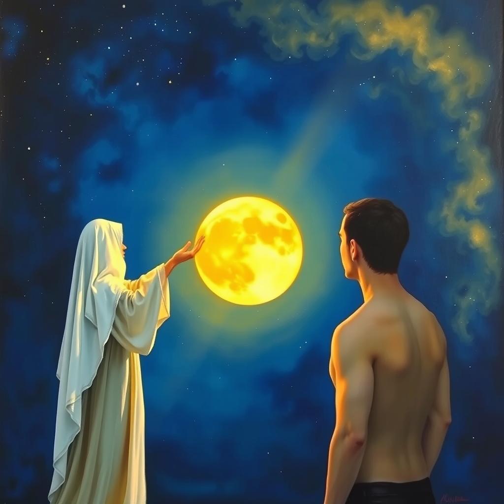 A surreal painting featuring a veiled woman dressed in a flowing white robe extending her right hand towards a large, glowing golden moon positioned prominently in the center of a deep blue night sky