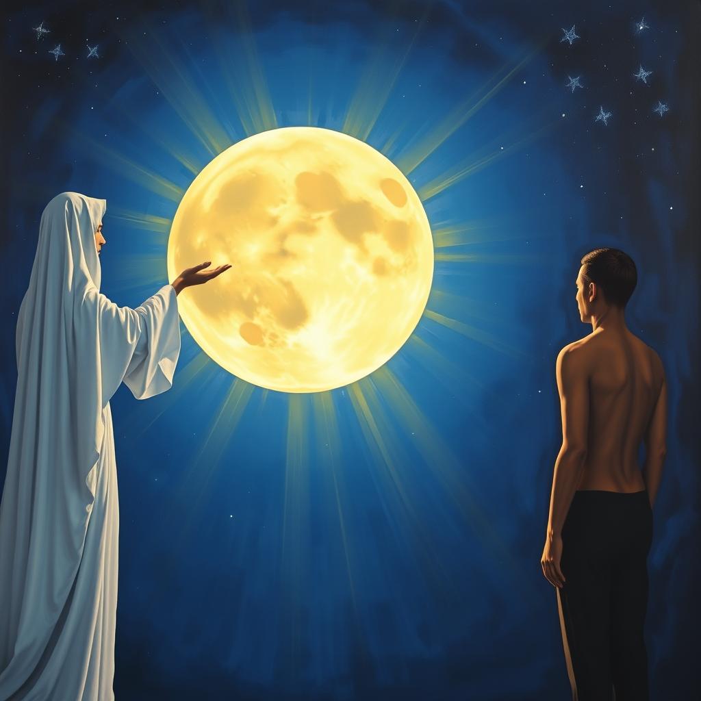 A surreal painting featuring a veiled woman in a flowing white robe extending her right hand towards a large glowing moon positioned at the center of a deep blue night sky