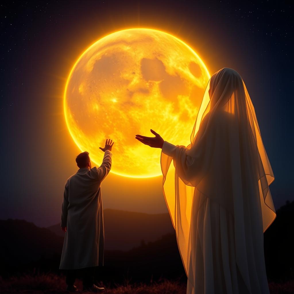 A giant glowing gold-blue moon at the center of the composition, radiating intense golden rays