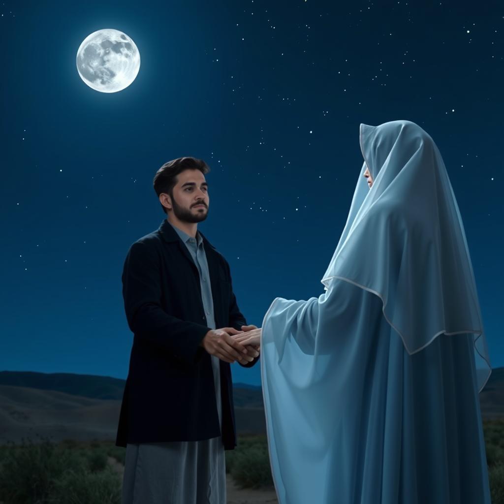 A magical realism night scene featuring a clear dark blue sky adorned with sparkling stars and a radiant silver moon