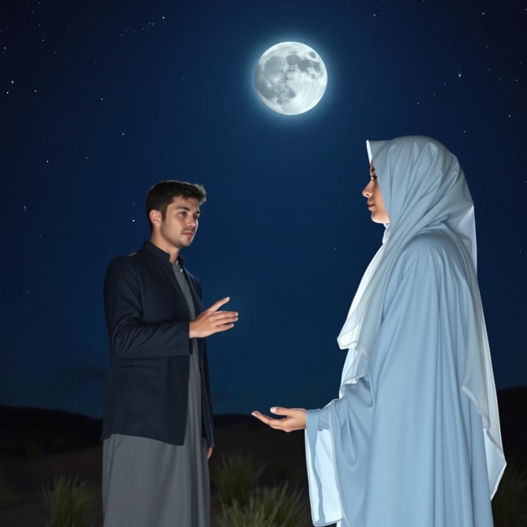 A magical realism night scene featuring a clear dark blue sky adorned with sparkling stars and a radiant silver moon, casting soft lunar lighting