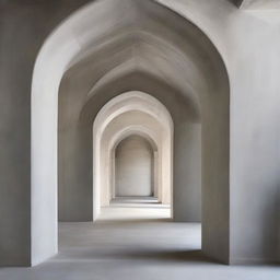 An architectural marvel, an elegantly architected archway placed in an ambient concrete room.