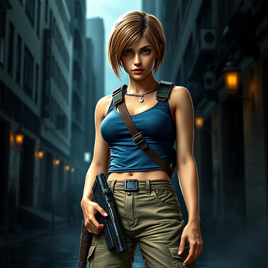 An ultra-realistic depiction of Jill Valentine from Resident Evil 3: Nemesis, set in a gritty, dimly lit urban environment