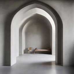 An architectural marvel, an elegantly architected archway placed in an ambient concrete room.