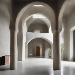 An architectural marvel, an elegantly architected archway placed in an ambient concrete room.