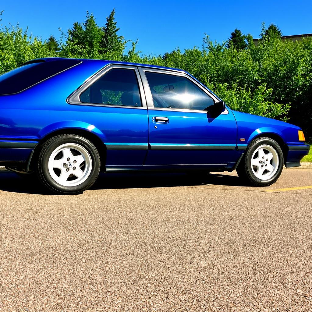 A stunning blue metallic 1989 Ford car with tinted windows and 16-inch aluminum alloy wheels, parked in a natural outdoor setting
