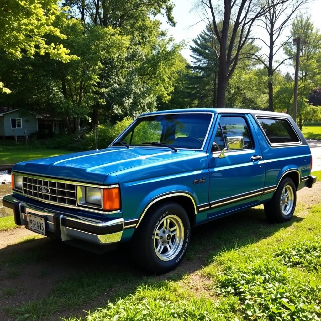 A blue metallic 1987 Ford car, prominently displayed in a beautiful natural setting