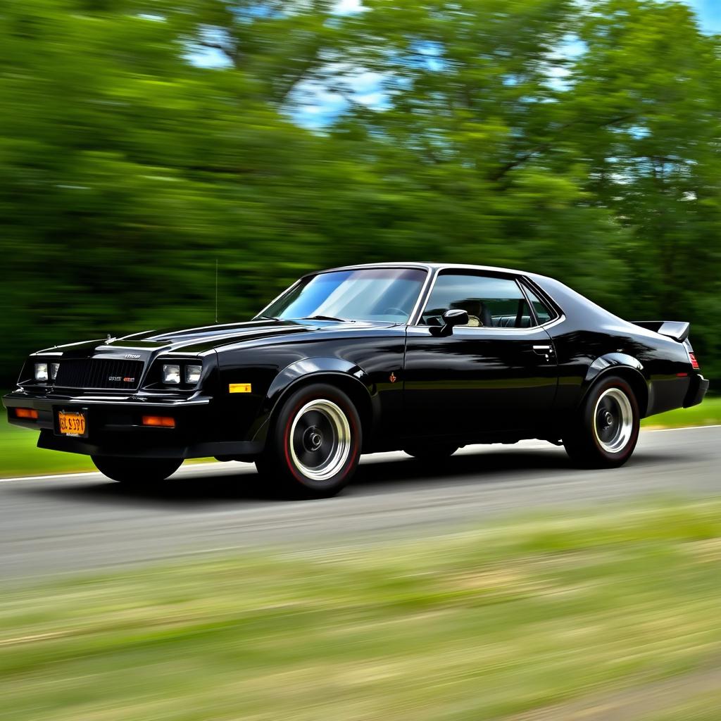 A stunning black metallic 1981 muscle car, captured in motion as it speeds through a natural landscape