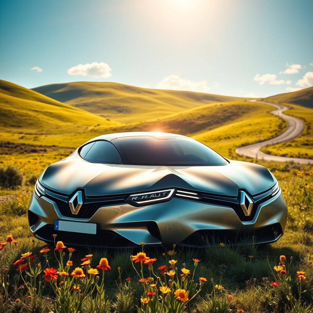 A sleek, modern Renault car parked in a picturesque landscape, surrounded by lush green hills and a clear blue sky