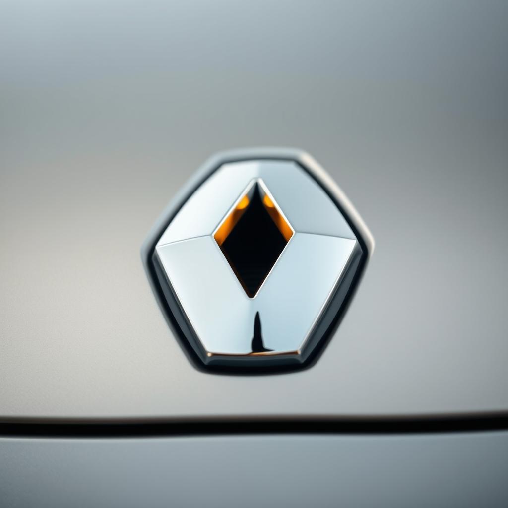 A sleek and modern close-up of a Renault car badge (logo), featuring the iconic diamond shape with a metallic finish
