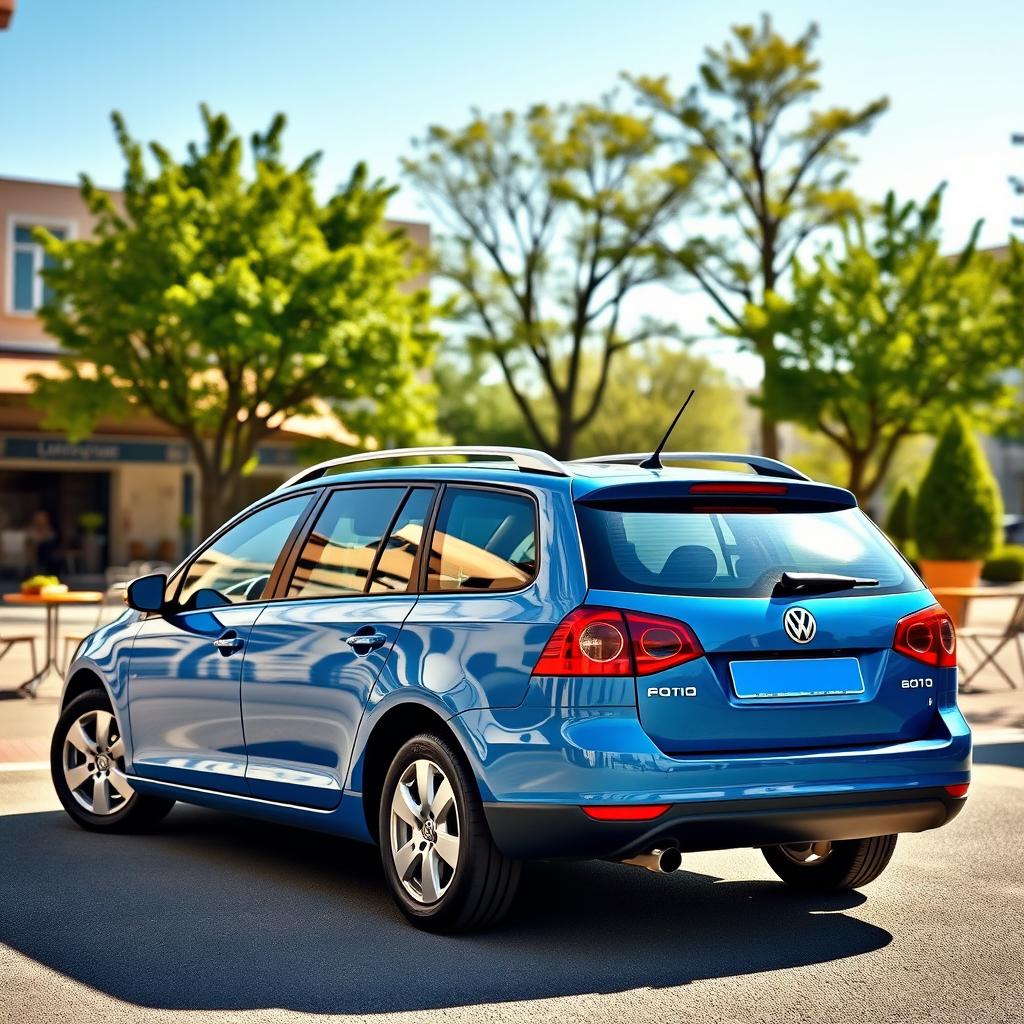 A classic Volkswagen Golf Variant Combi from 2008 in a striking blue color, set against an appealing urban backdrop