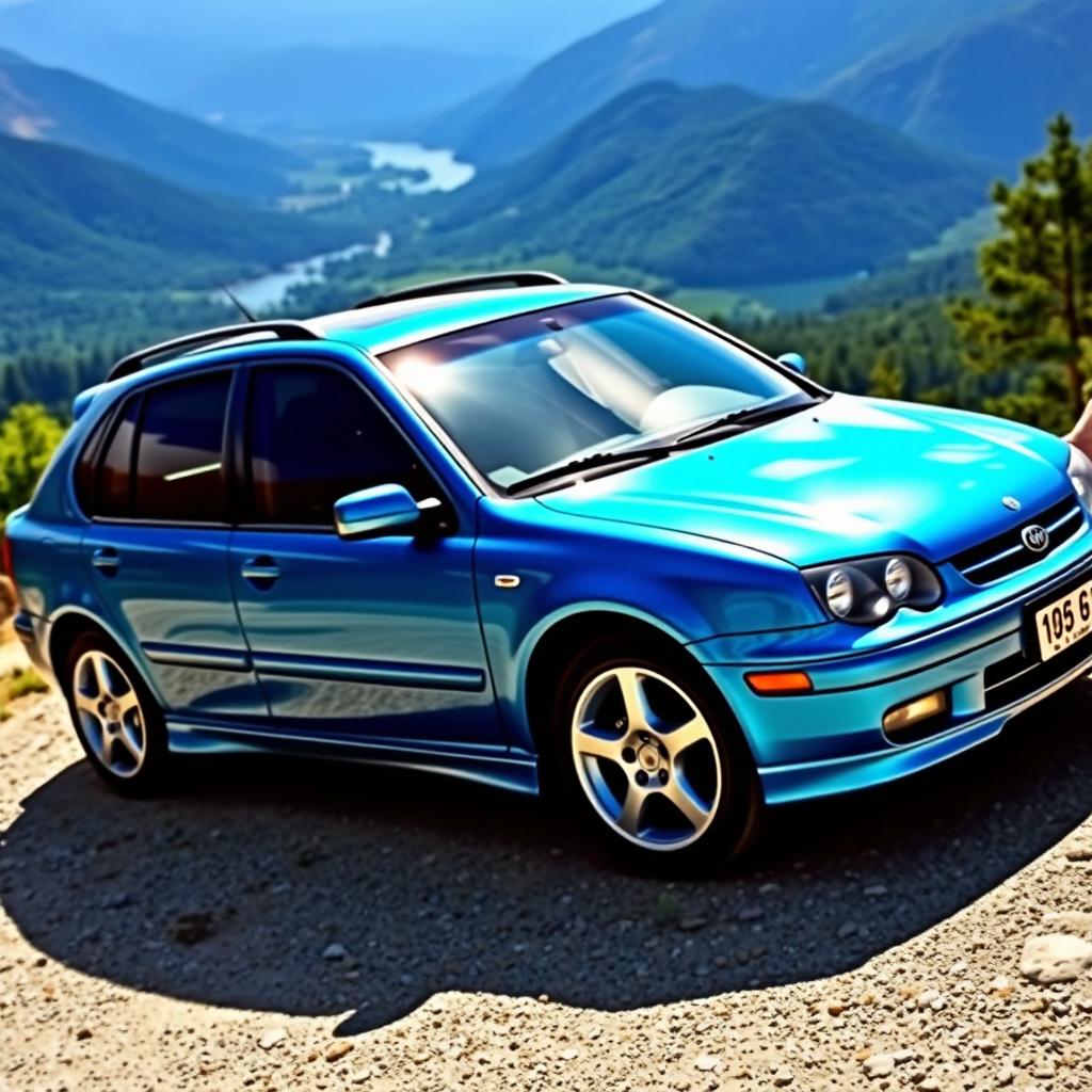 A stunning blue metallic car from 1999, featuring dark tinted windows and 17-inch aluminum alloy wheels