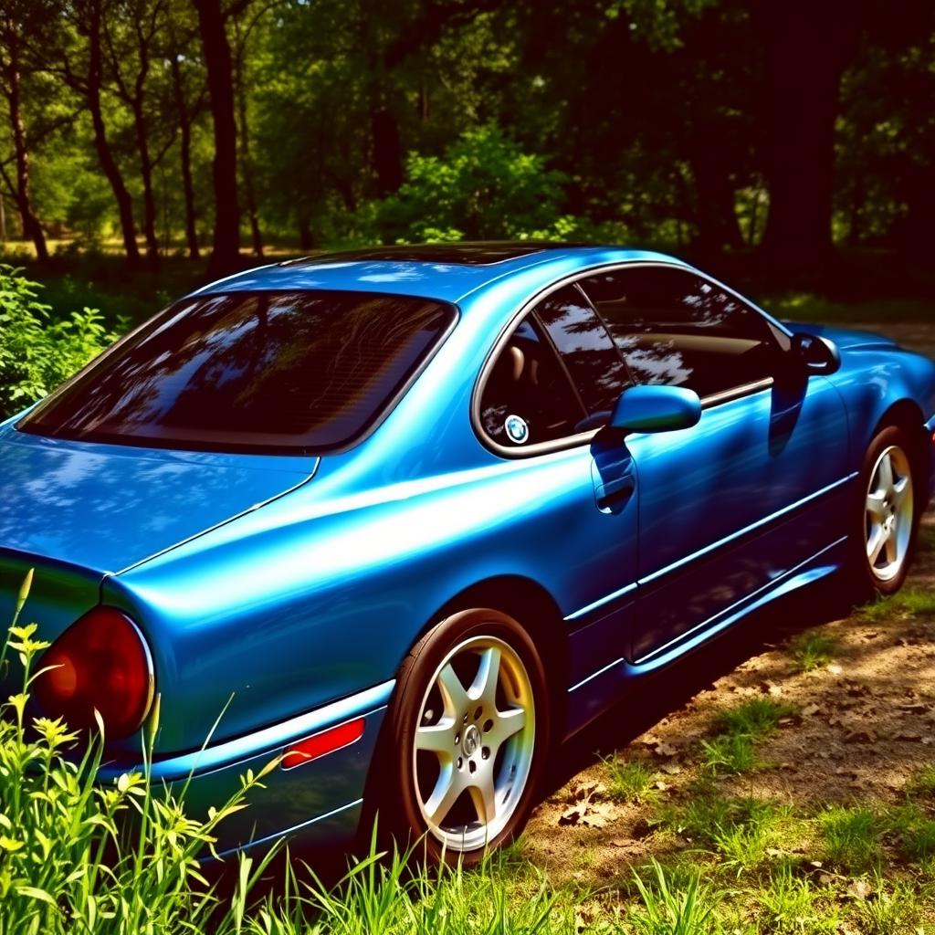 A stunning blue metallic car from 1999 with dark tinted windows and 17-inch aluminum alloy wheels, parked in a natural environment