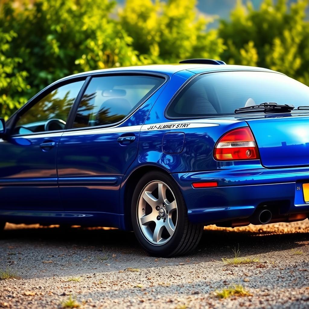 A striking image of a blue 1999 model car with tinted windows and 17-inch aluminum alloy wheels, elegantly positioned in a natural environment