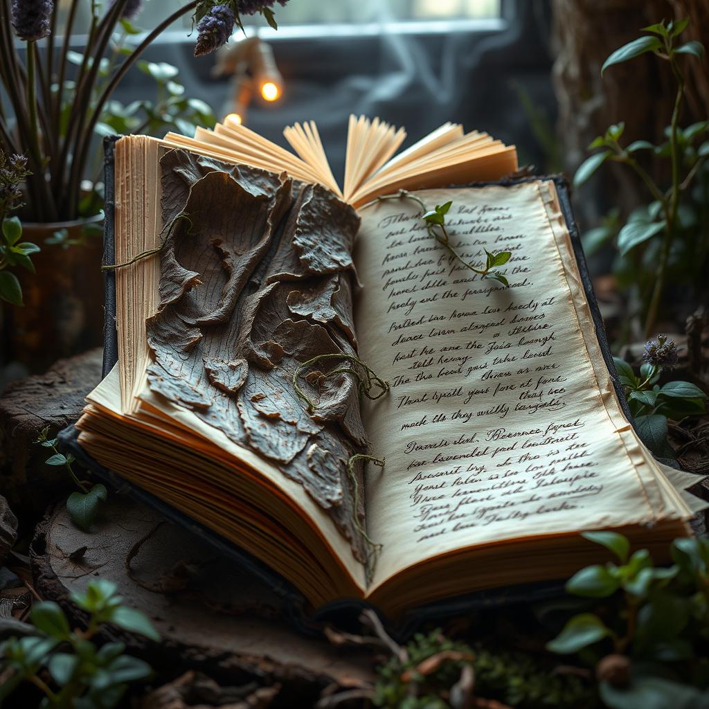A weathered book featuring a living bark cover, showcasing intricate textures and natural patterns