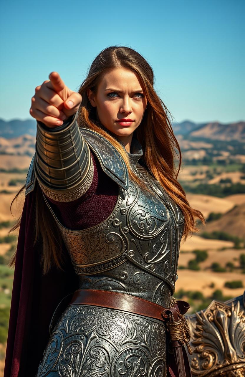 A strong medieval woman in intricately designed armor, confidently pointing towards the horizon